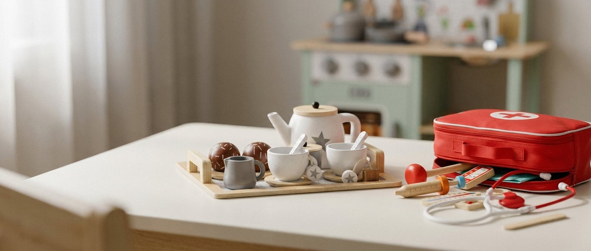 Juego de té y maletín de doctor de madera
